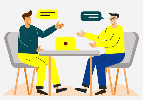 Illustration zum Thema "Dialogangebote". Sie zeigt zwei Menschen an einem Tisch, die ein angeregtes Gespräch miteinander führen. Auf dem Tisch steht ein Laptop.