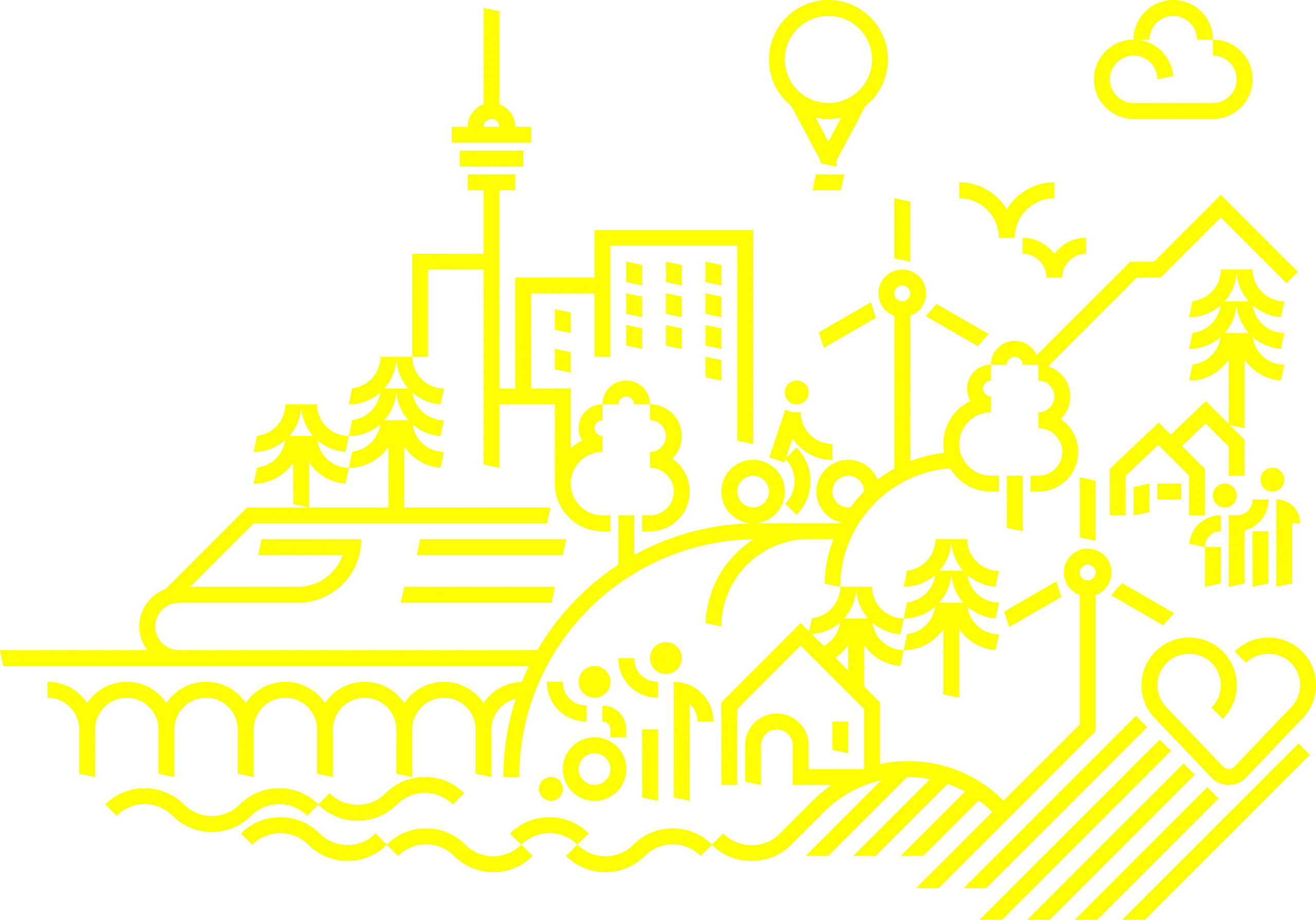 Gelbe Illustration mit stilistischen Icons, die gemeinsam ein Bild von Baden-Württemberg Zeichen.